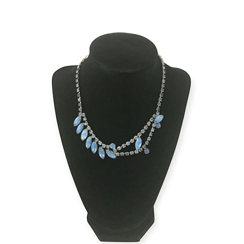 1950s Vintage Blue Moonglow Glass & Rhinestone Necklace